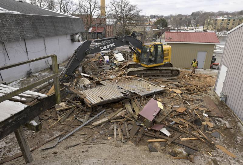 The historic 1890s Tin Shop building is being demolished, to make way for a downtown plaza with a public restroom facility and seating, on Wednesday, Jan 21, 2026 in Batavia.