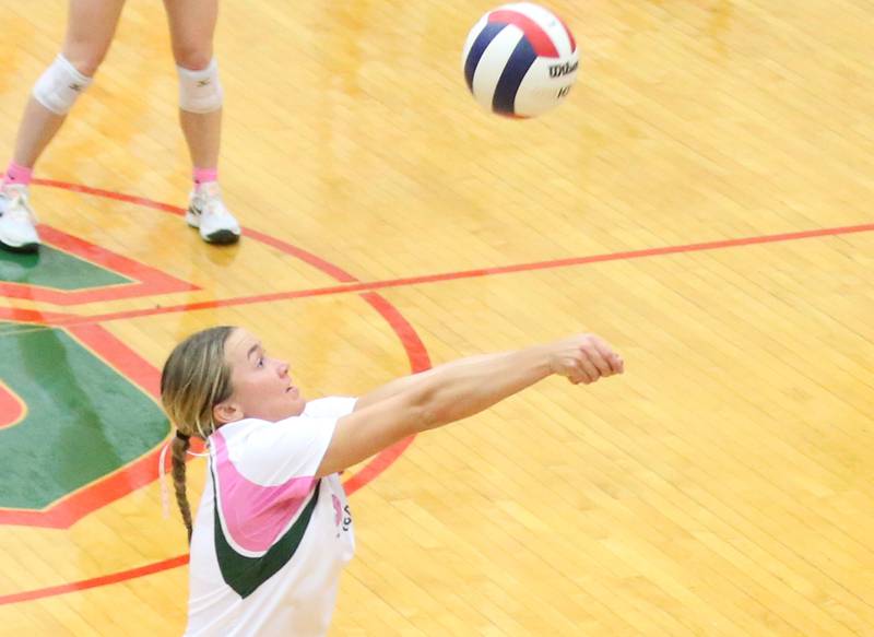 St. Bede's libero Ella Hermes returns a serve from L-P during the "Cavs 4 A Cause" pink night game on Tuesday, Sept. 26, 2023 at Sellett Gymnasium.