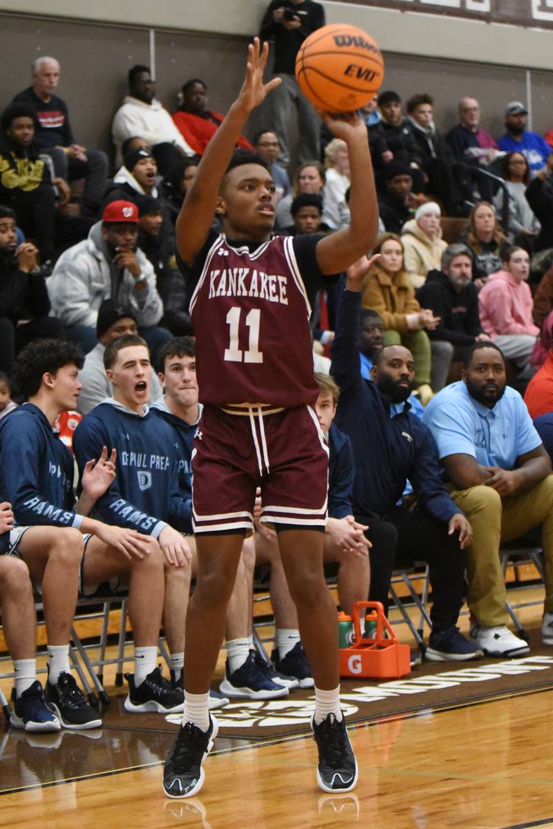Kankakee's Dayshawn Brown shoots a 3-pointer during a game against DePaul Prep at the Team Rose Shootout at Mount Carmel Sunday, Dec. 14, 2025.