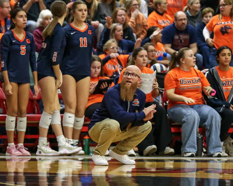 Oswego's head coach Gary Mosely looks at the scoreboard during Class 4A Bolingbrook Sectional final match between Lockport at Oswego.  Nov 7, 2024  in Bolingbrook.