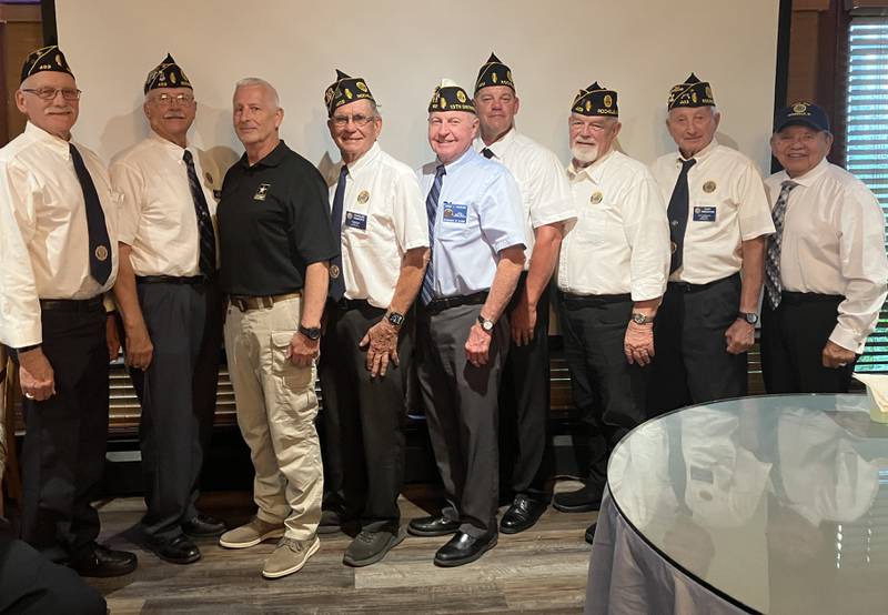 The annual summer banquet and officer installation for the upcoming year of Rochelle American Legion Post 403 was held at Storybook Gardens in Rochelle on Aug. 13. Brigadier General (retired) Stephen Huber presented on his military experience in Afghanistan and Iraq. From left to right: Erik Welles (finance officer), Steve Korth (adjutant), Huber, Chuck Roberts (commander), Jerry Howard (13th district commander and installing officer), Russel Henson (senior vice-commander), Paul Bearrows (chaplain), Gary Tarvestad (sergeant at arms) and Jose Huerta (junior vice-commander).