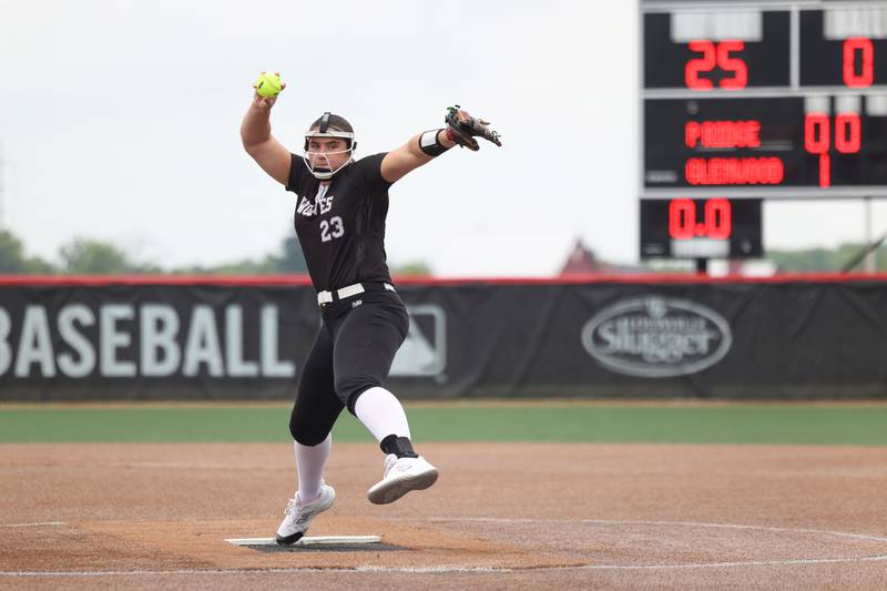 Prairie Ridge's Reese Mosolino throws a pitch during the Wolves' 5-0 loss to Glenwood in the IHSA Class 3A state semifinal on June 13, 2025.