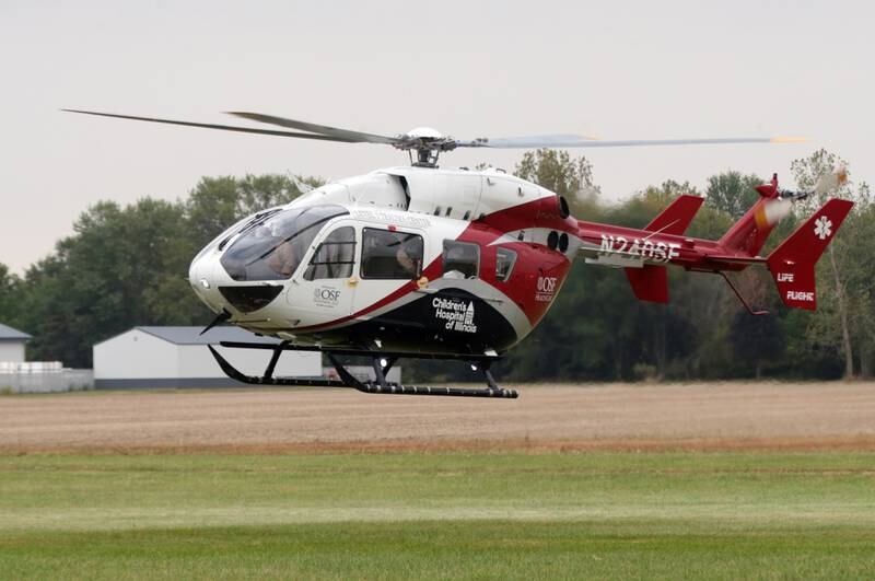 OSF life flight helicopter air lifts a patient who was involved in a vehicle accident on Interstate 80 just East of Utica on Tuesday Oct. 5, 2021. Utica Fire and EMS responded to a one-vehicle crash on Interstate 80 near mile post 83 in the westbound lane shortly after 4:30p.m. on Tuesday Oct 5, 2021. The accident occurred underneath the East 10th road overpass. Illinois State Police directed traffic and assisted with the incident. The scene is under investigation.