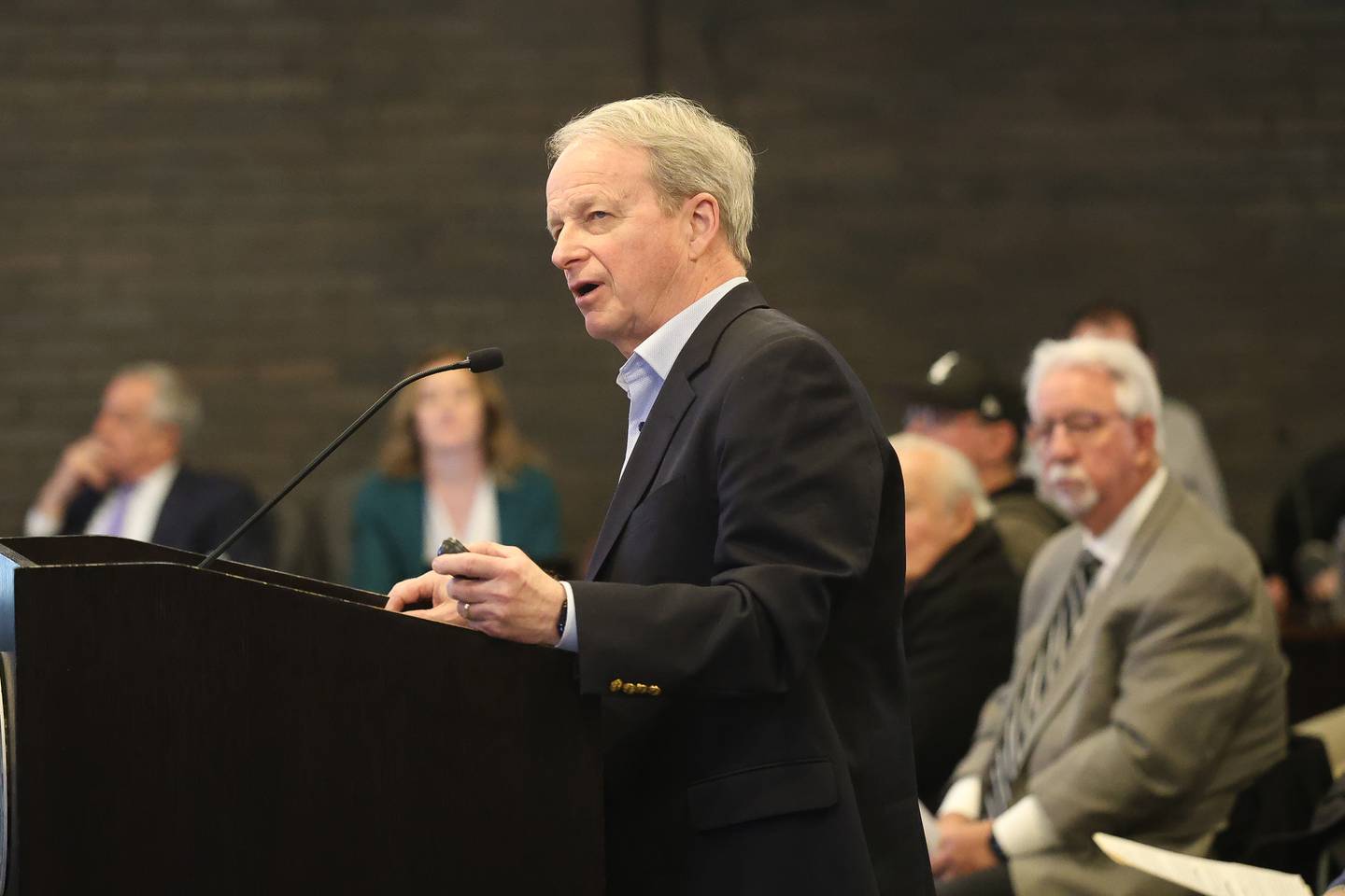 Donald Schoenheider, Hillwood Executive Vice President, speaks at the proposed data center at the City of Joliet City Council meeting on Monday, March 16, 2026 in Joliet.