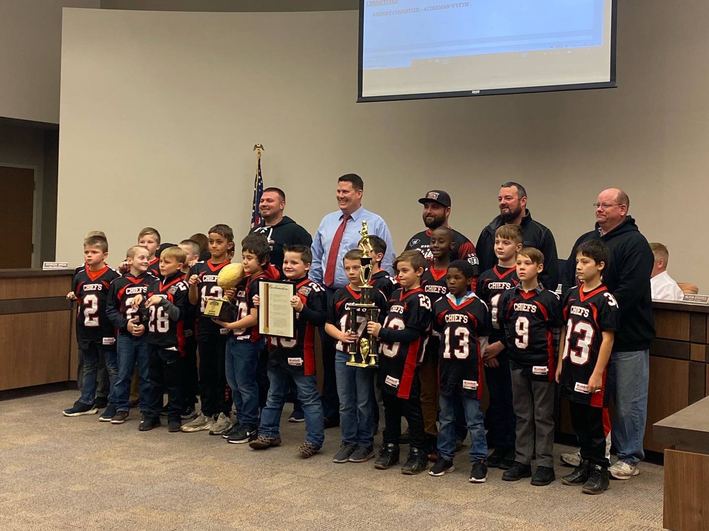Morris City Council recognizes the Morris Chiefs Lightweight team for bringing home the championship trophy during Monday nights council meeting.