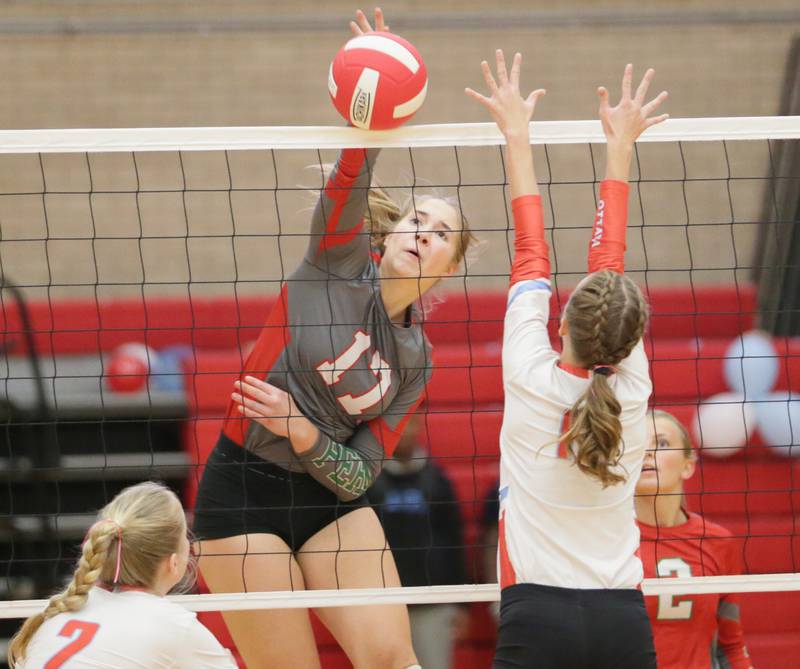 L-P's Olivia Shetterly (17) sends a kill past Ottawa on Tuesday, Oct. 18, 2022 at Kingman Gymnasium in Ottawa.