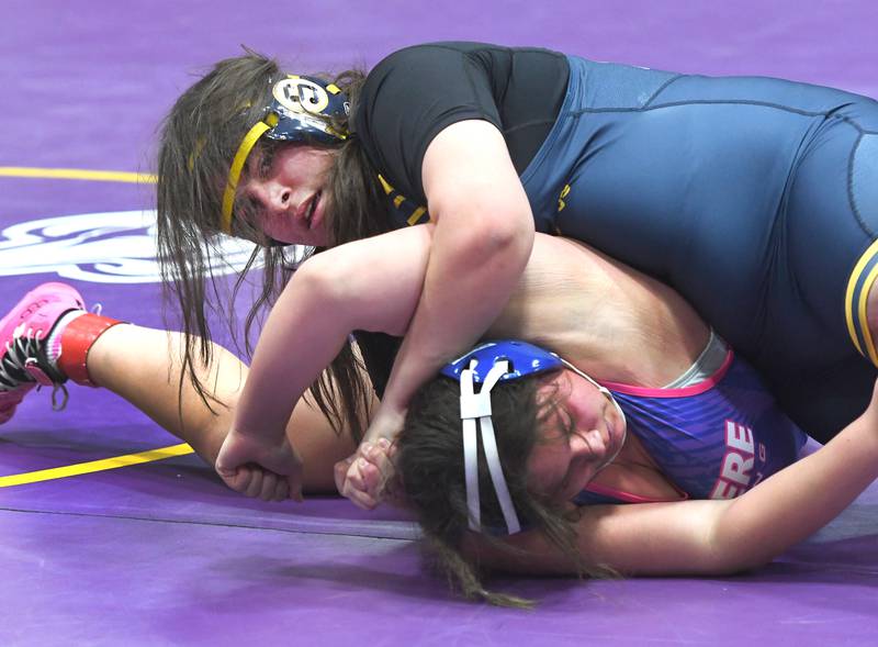 Sterlling's Arianna Tamayo (top) wrestles Belvidere's Savannah Trevino for third place at 235 pounds at the Belvidere Regional on Saturday, Feb. 7, 2026.