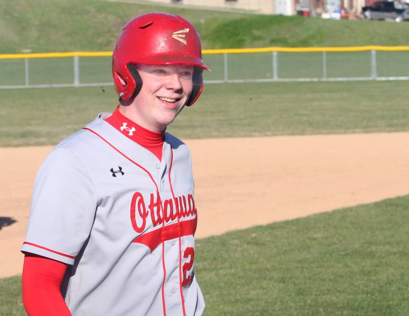 Ottawa's Jackson Mangold smiles after driving in three runs against St. Bede on Wednesday, March 20, 2024 at St. Bede Academy.