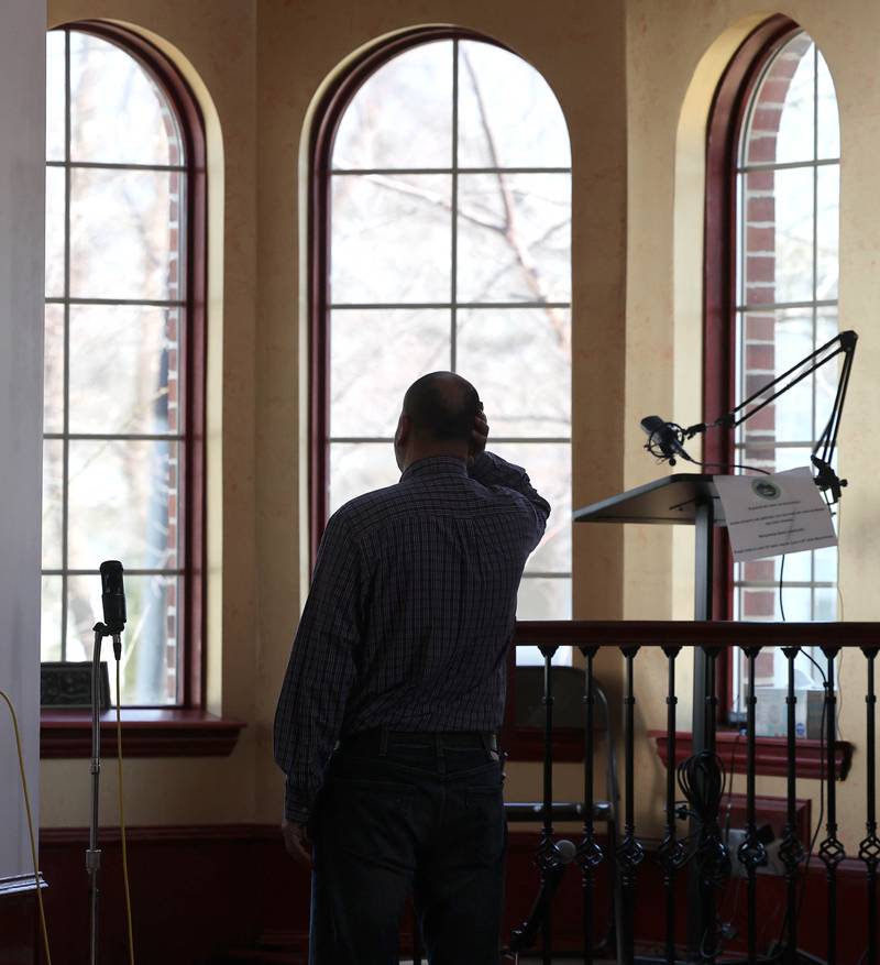 Mohammed Labadi, president of the Islamic Center of DeKalb, does the call to prayer Friday, April 7, 2023, in the prayer hall or musallā at the Islamic Center of DeKalb. Muslims are currently observing the holy month of Ramadan.