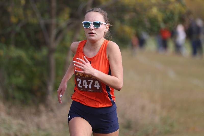 Oswego’s Audra Soderlind finish first in the Girls Cross Country Southwest Prairie Conference Championship at Channahon Community Park on Friday.