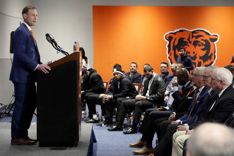 Chicago Bears new coach Ben Johnson speaks following his introduction at an NFL football news conference at Halas Hall in Lake Forest, Ill., Wednesday, Jan. 22, 2025. (AP Photo/Nam Y. Huh)