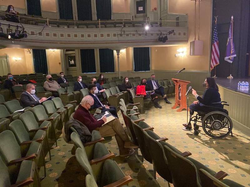 U.S. Sen. Tammy Duckworth, D-Illinois, meets Friday, Jan. 28, 2022, with McHenry County leaders and Metra officials about the infrastructure legislation passed last year.