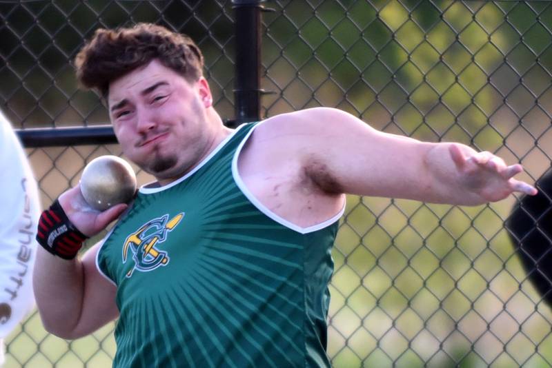 Coal City's Emmett Easton throws the shot put during the Herscher Invite Friday, May 1, 2026.