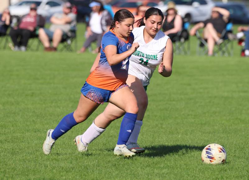 Genoa-Kingston's Ayva Hernandez pushes the ball up the field Thursday, April 23, 2026, during their game against North Boone at Genoa-Kingston High School.