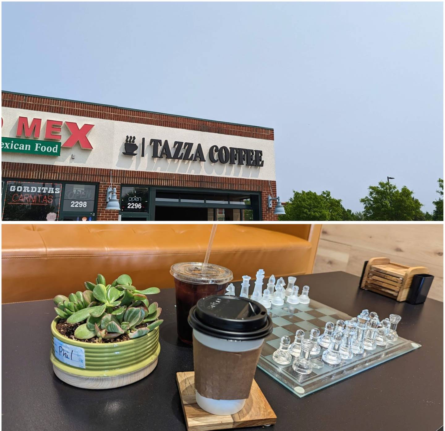 Pictured is iced tea and an Americano coffee as served at Tazza Coffee in Joliet on Wednesday, May 17, 2023.