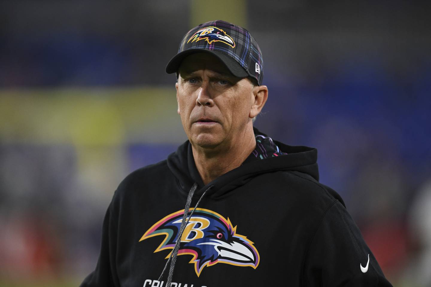 Baltimore Ravens offensive coordinator Todd Monken looks on during pre-game warm-ups before an NFL football game against the Buffalo Bills, Sunday, Sept. 29, 2024, in Baltimore. (AP Photo/Terrance Williams)