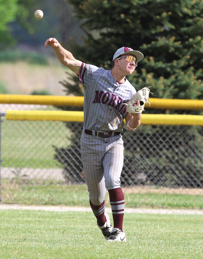 Morris' Brycen Johnson fires the ball back into the infield Wednesday, May 13, 2026, during their game against Sycamore at the Sycamore Community Sports Complex.