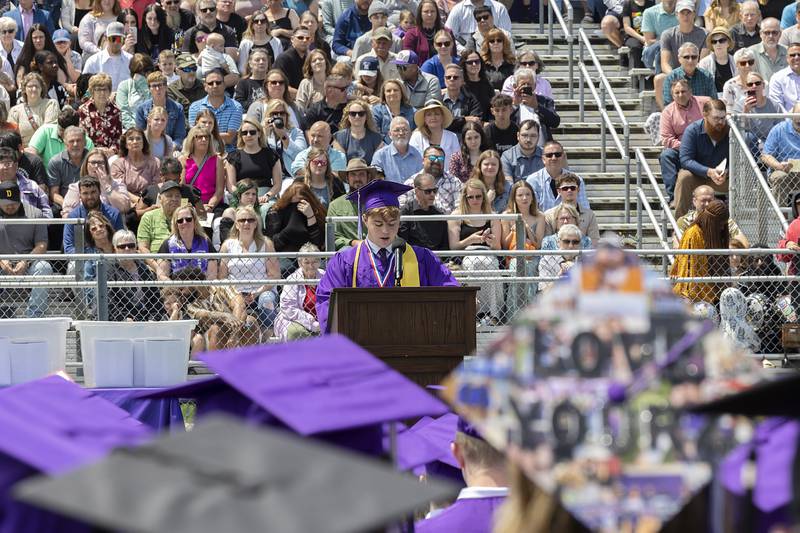 2025 DHS Class President Tyler Zepezauer talks to his fellow graduates Sunday, May 25, 2025, during Dixon High School’s graduation.