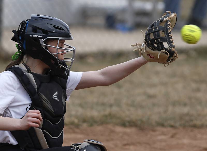 Huntley’s Madison Rozanski catches a pitch during a non-conference softball game Thursday March 17, 2022, between Huntley and Fremd at Huntley High School.