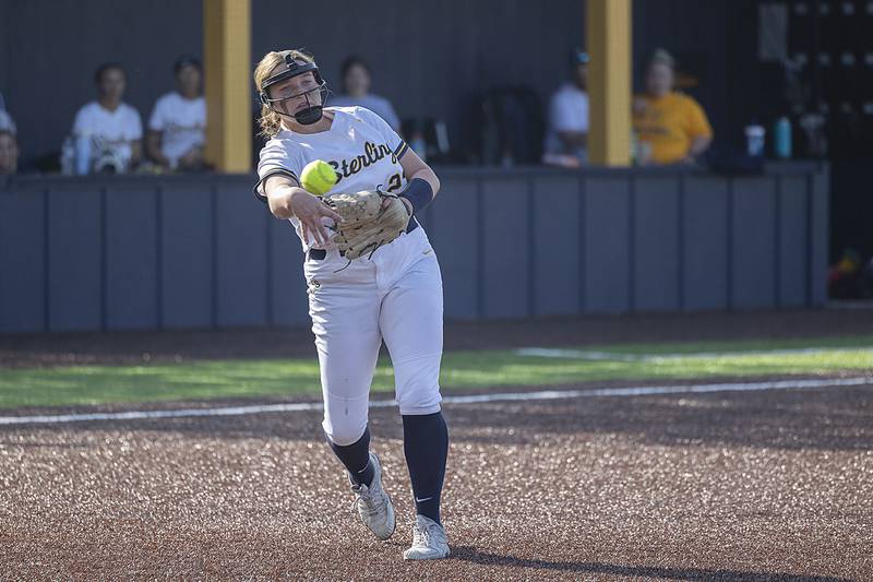 Sterling’s Sienna Stingley throws to first for an out against Newman Thursday, April 27, 2023.