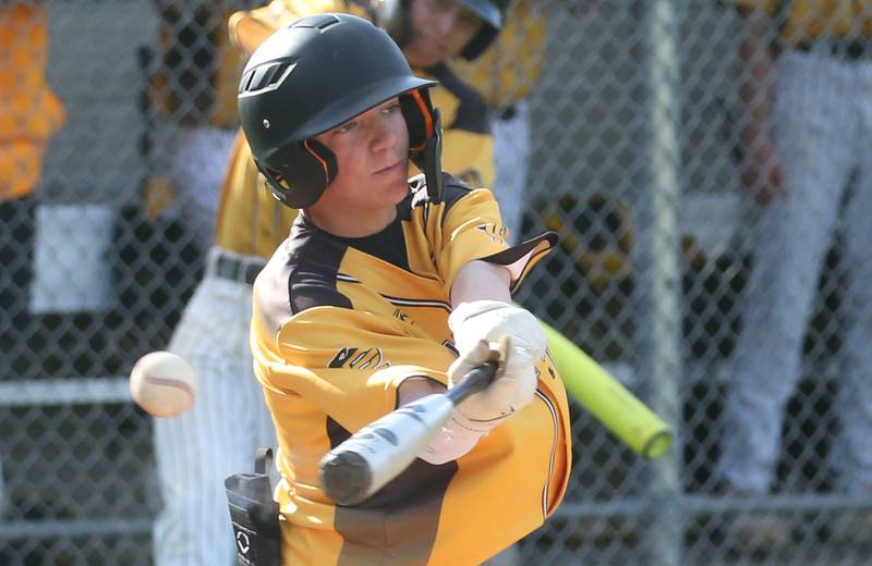 Putnam County's AJ Furar swings and misses at a pitch against St. Bede on Tuesday, April 30, 2024 at St. Bede Academy.