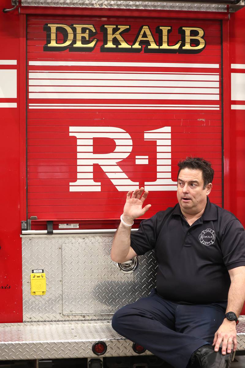 DeKalb firefighter/paramedic Pat Eriksen talks Wednesday, April 17, 2024, at the DeKalb Fire Department Fire house No. 1, about what his daily routine looks like on a normal shift at the department.