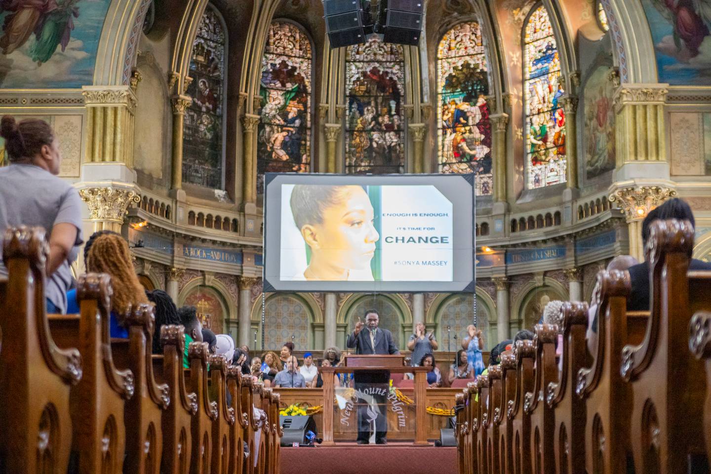Hundreds attend a rally Tuesday, July 30, 2024, at New Mount Pilgrim Missionary Baptist Church to honor Sonya Massey and call for policing reforms.