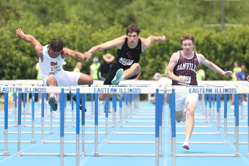 Crystal Lake Central’s Jonathan Tegel hurdles his way to second place in the Class 3A 110 Meter Hurdles State Finals on Saturday, May 27, 2023 in Charleston.