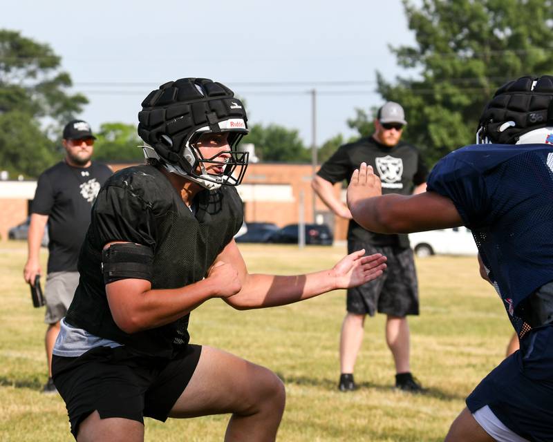 Jack Parker of Kaneland runs some drill against Oswego on Thursday July 10, 2025, during a joint practice hed at Oswego High School.