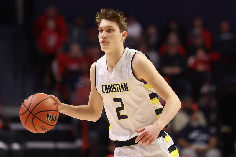 Yorkville Christian’s Jaden Schutt looks for a play against Liberty in the Class 1A championship game at State Farm Center in Champaign. Friday, Mar. 11, 2022, in Champaign.