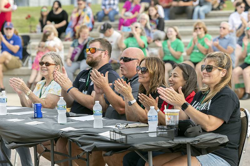 Sauk Valley Talent Competition judges Vickie Byrd (left), Dustin Sugars, Brian Tribley, Suzy Perino, Jen Peppers and Kelly Elder applaud the first finalists Thursday, Aug. 9, 2024 in Rock Falls.