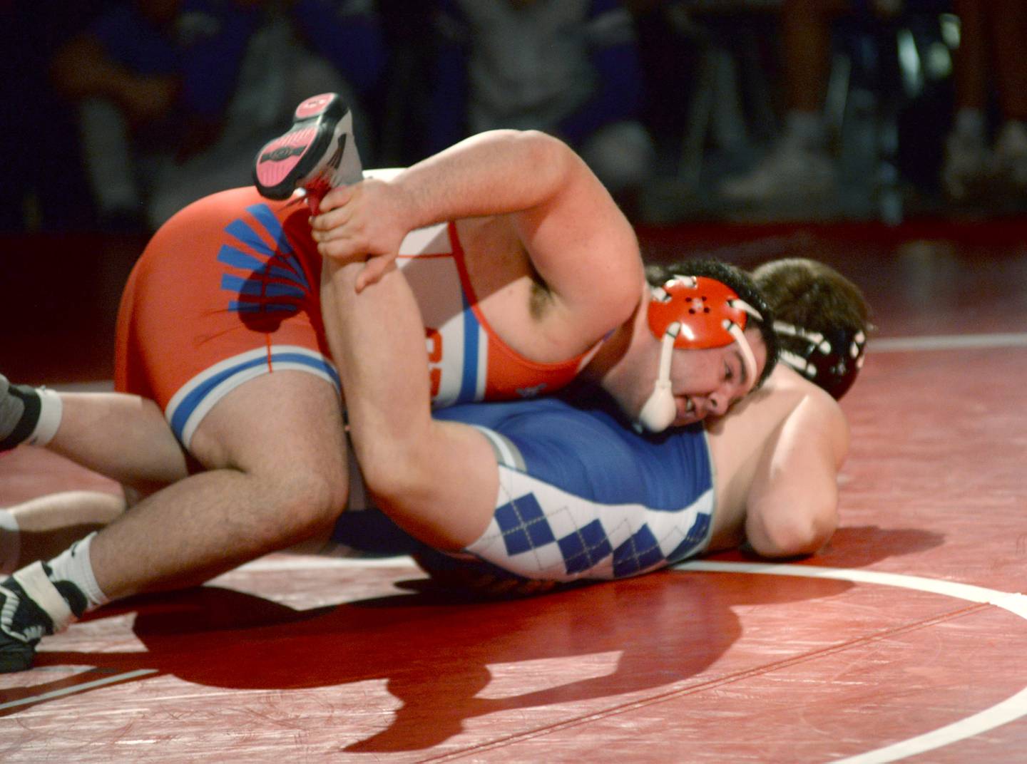 Oregon's Briggs Sellers drives Newman's Matthew Murray into the mat during their 285-pound match at the 1A team sectional held Tuesday, Feb. 25, 2025 in the Blackhawk Center in Oregon.