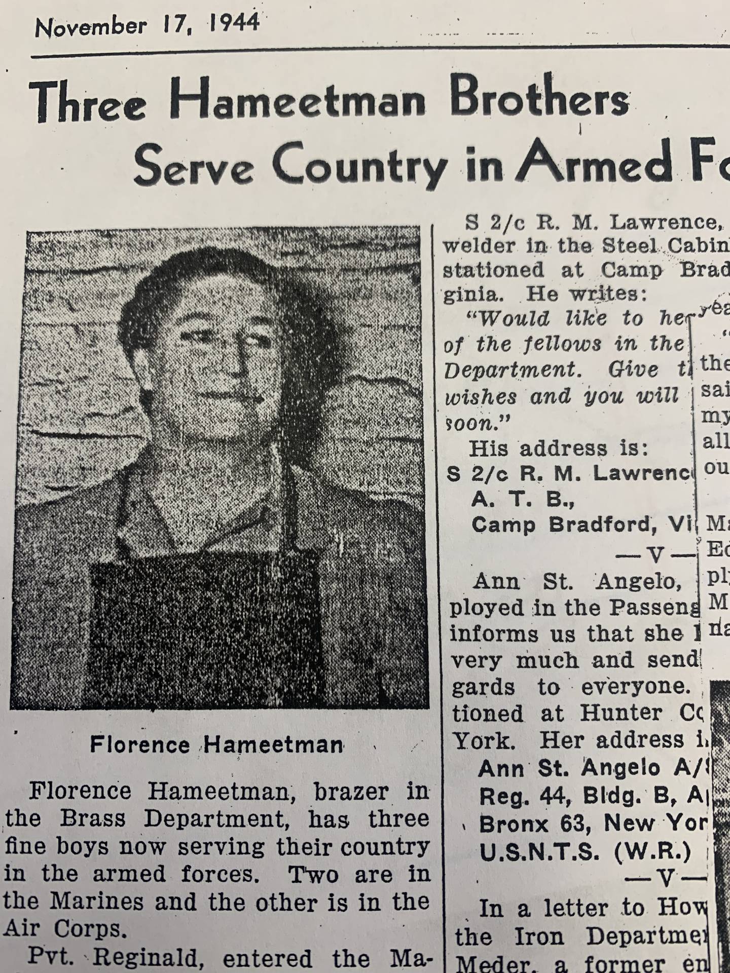 Florence Hameetman, a welder for Pullman Car Company, received letters from her three sons during World War II that they had unexpectedly met up with each other on the South Pacific Island of Guam in 1945. This newspaper clipping was provided by Florence's grandson Ronald Hameetman of Fox River Grove.