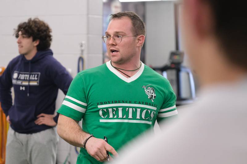 Tyler Plantz runs conditioning drills with the Providence football team. Tyler takes over as Providence's new head coach in 2022 after coaching 6 years at the University of Notre Dame. Tuesday, Feb. 8, 2022, in New Lenox