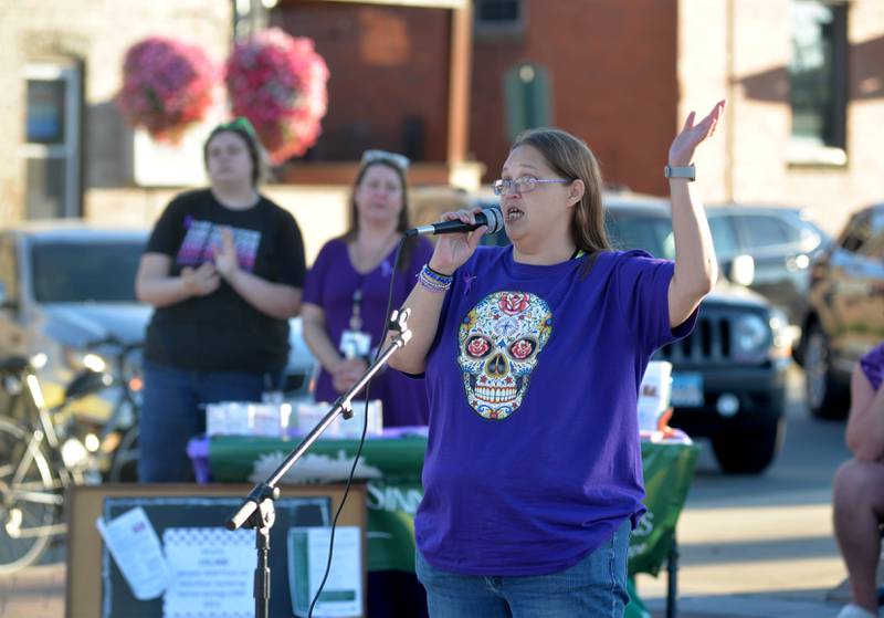 Julie Rodriguez, 41, of Sterling, spoke at the Sauk Valley Voices of Recovery Overdose Awareness event in Dixon on Thursday, Aug. 31, 2023. Rodriguez said she had overdosed more than once and had lost friends to overdosing.