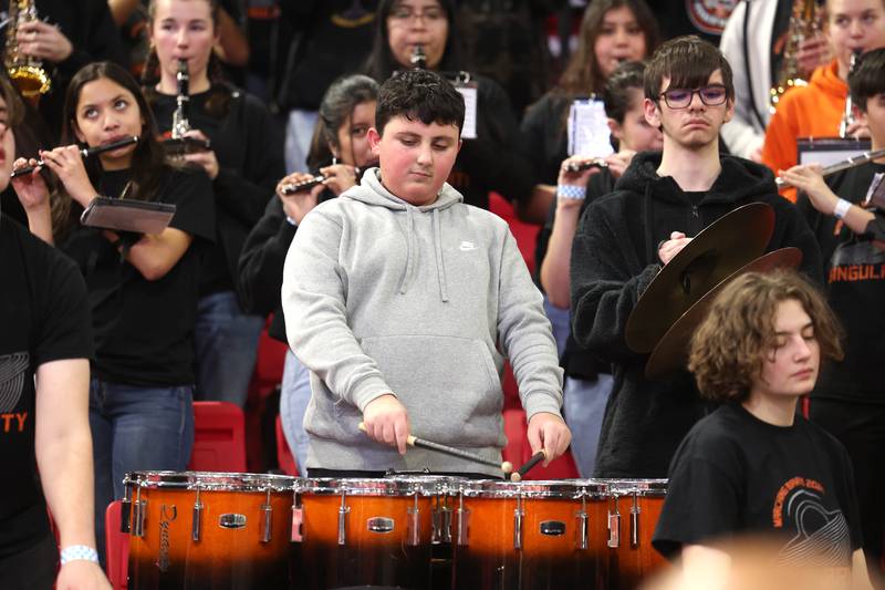 The DeKalb band plays a song before the girls game Friday, Jan. 31, 2025, during the FNBO Challenge in the Convocation Center at Northern Illinois University in DeKalb.