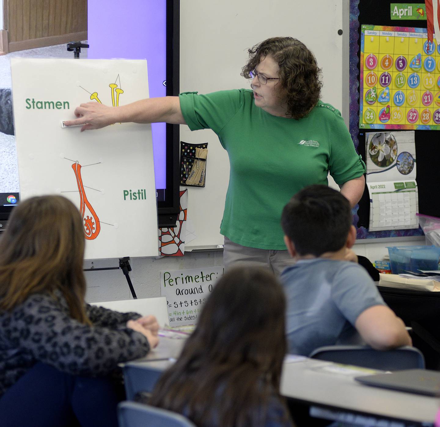 Ag in the Classroom Coordinator Karol Vaughn shows students in Rachel Reff's fourth grade classroom at Centennial School in Streator the different parts of a flower Thursday, April 22, 2022.