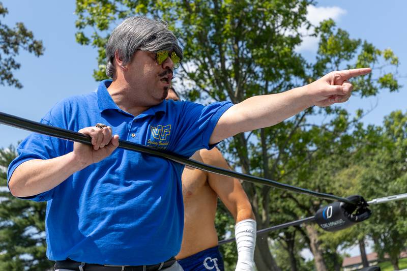 WWF Hall of Famer Sidney Bakabella taunts audience member at the Taste of the Illinois Valley DreamWave Wrestling event on Saturday, August 2, 2025 at Centennial Park in Peru.