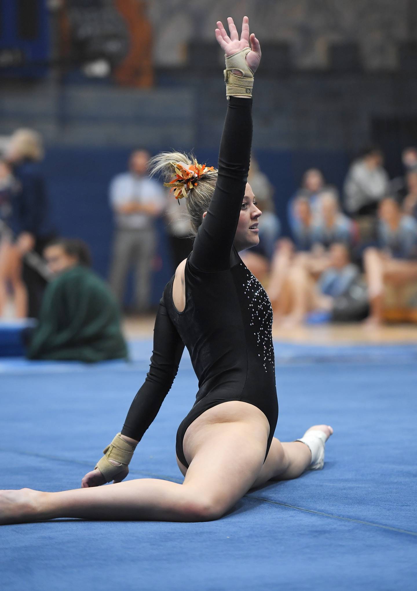 DeKalb’s Eden Russell performs her floor exercise routine at the Lake Park girls gymnastics sectional meet in Roselle on Monday, February 6, 2023.