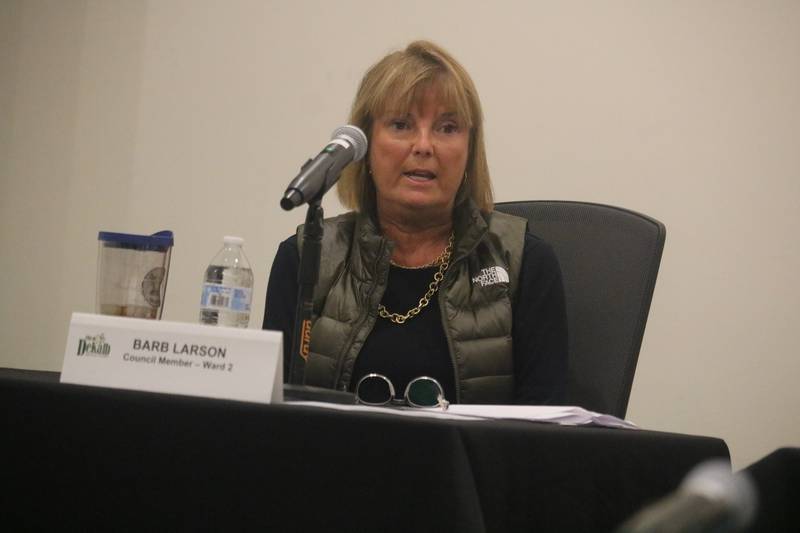 Second Ward Alderwoman Barb Larson speaks Monday, Sept. 11, 2023 at the DeKalb City Council meeting.