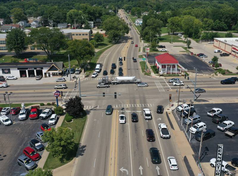 An aerial view of the intersection of Illinois Route 23 and Norris Drive on Friday, Aug. 15, 2025 in Ottawa. The intersection sees some of the most accidents and is also the busiest intersection in La Salle County.