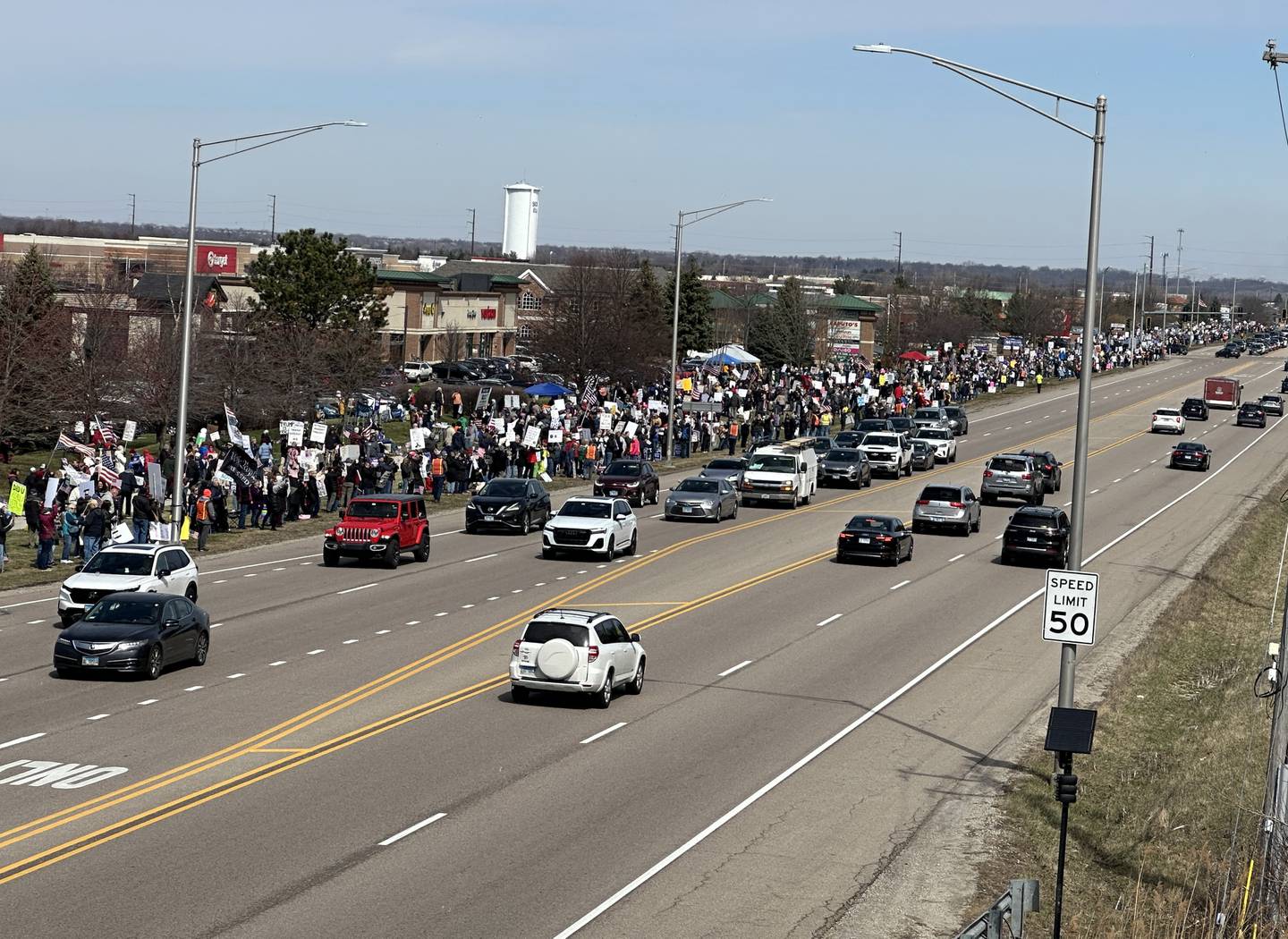 No Kings rally-goers packed the side of Randall Road from Silver Glen north at a rally Saturday, March 28. This and other rallies were coordinated across the U.S. to protest President Trump and his administration.