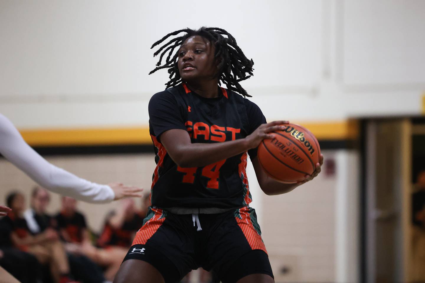 Plainfield East’s Nia Wilkerson looks for a play against Joliet West on Thursday, February 2nd.
