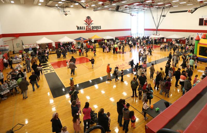 Hundreds of children fill the gymnasium during the Spring Valley Easter egg hunt presented by Upscale Resale and Grow on Saturday, March 23, 2024 at Hall High School.