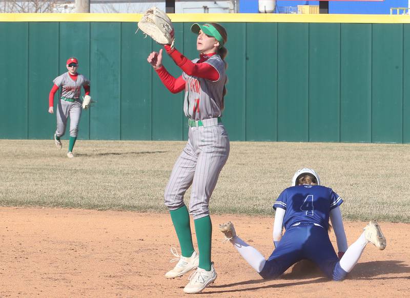 Princeton's Caroline Keutzer steels second base as L-P's Kelsey Frederick waits the late throw on Tuesday, March 25, 2025 at the L-P Athletic Complex in La Salle.