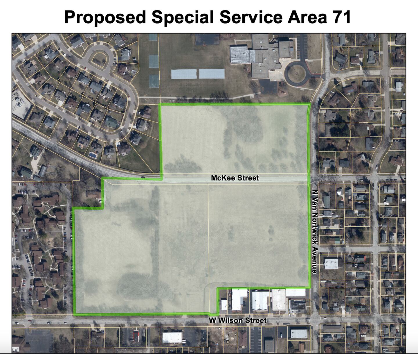 Map of the proposed Special Service Area for the Ashton Ridge subdivision development in Batavia.