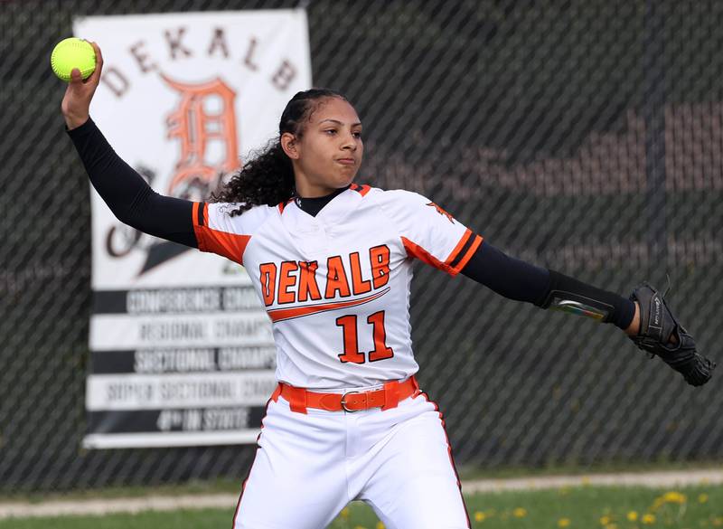 DeKalb's Sydney Myles gets the ball back into the infield Friday, May 2, 2025, during their game against Sycamore at DeKalb High School.