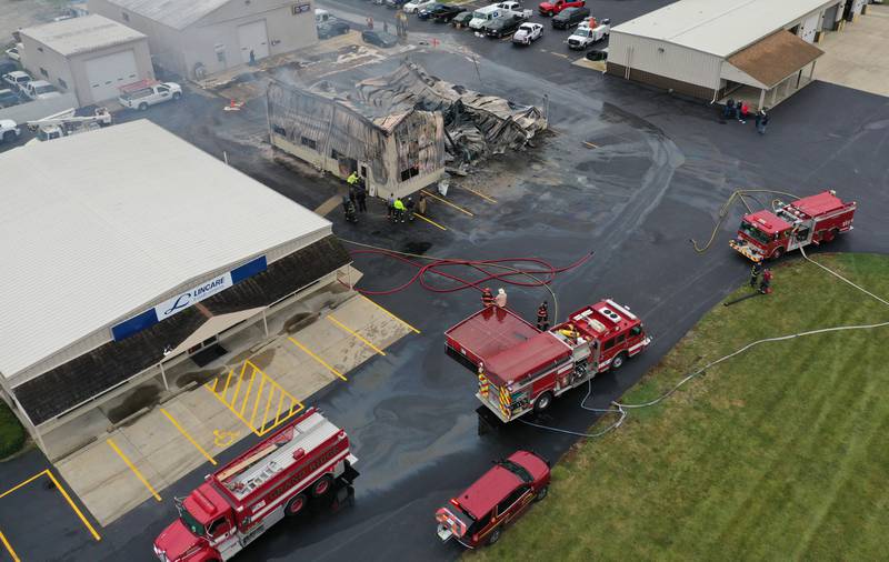 An aerial view of a fire at Conroy's Automotive and 24 Hour Towing building on Wednesday, Nov. 6, 2024 in Ottawa. Fire departments from Wallace, Grand Ridge, Senera, Seneca, Utica and Peru all responded to the blaze.