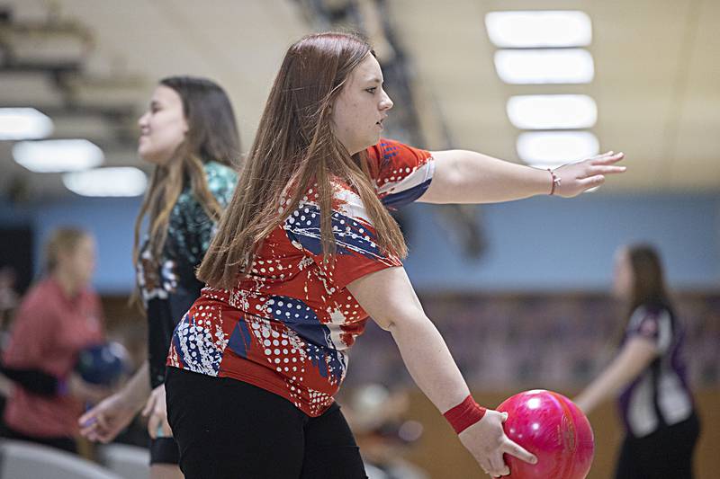 Oregon’s Savannah Nagy looks for a strike Friday, Feb. 7, 2025, in the girls bowling regionals at Plum Hollow in Dixon.