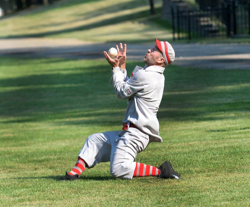 Oregon Ganymede right fielder Eric Berg catches a fly ball against the Columbus Buckeyes at the World Tournament of Historic Base Ball held at the Henry Ford Museum's Greenfield Village on Saturday, Aug. 9, 2025.